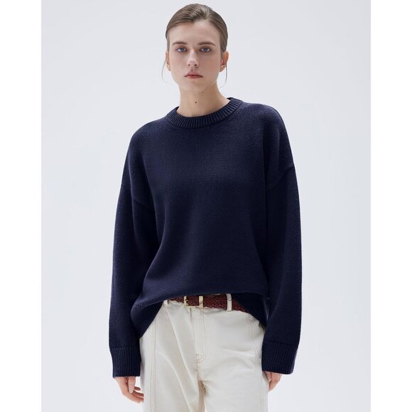 Women Cashmere Blend Oversized Crew Neck Navy Blue Soft Warm Pullover Sweater - Picture 4 of 5